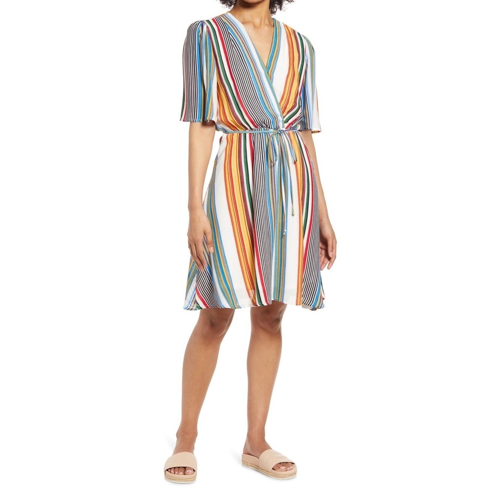 Fraiche by J Retro 70s Multi Color Vertical Stripe Wrap Dress V-Neck Medium